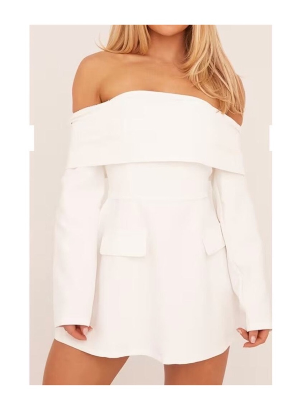 EGO Mini Dress Fold Over Neck Long Sleeve  Bardot Size US6 White